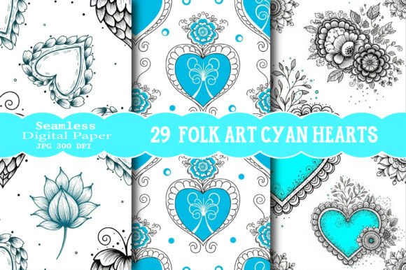 Folk Art Cyan Hearts Pattern: Blending Organic Charm with Modern Design