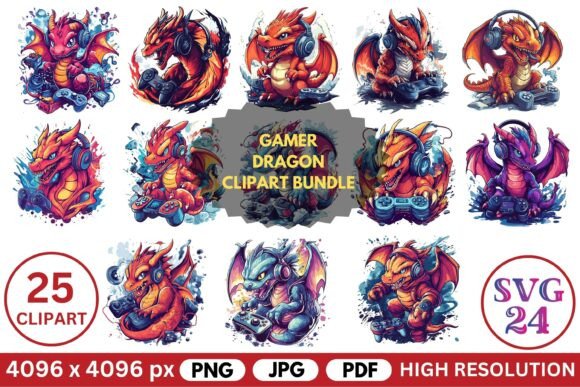 Gamer Dragon Clipart Bundle