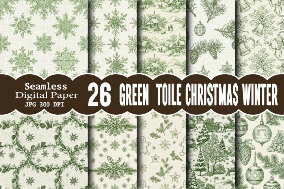 Green Toile Christmas Winter Papers for Creative Projects