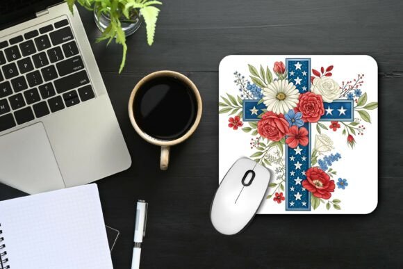 Patriotic Floral Cross Mouse Pad PNG