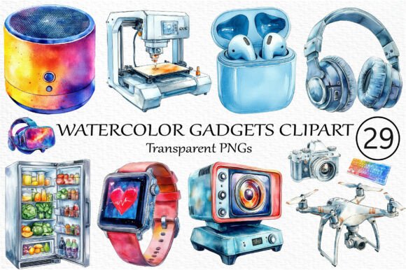 Watercolor Gadgets Clipart: Blending Tech and Art for Contemporary Visual Storytelling